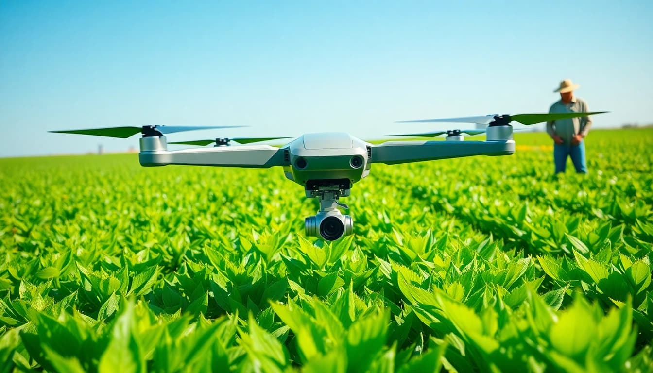DJI Agras drone effectively surveying a green agricultural field.