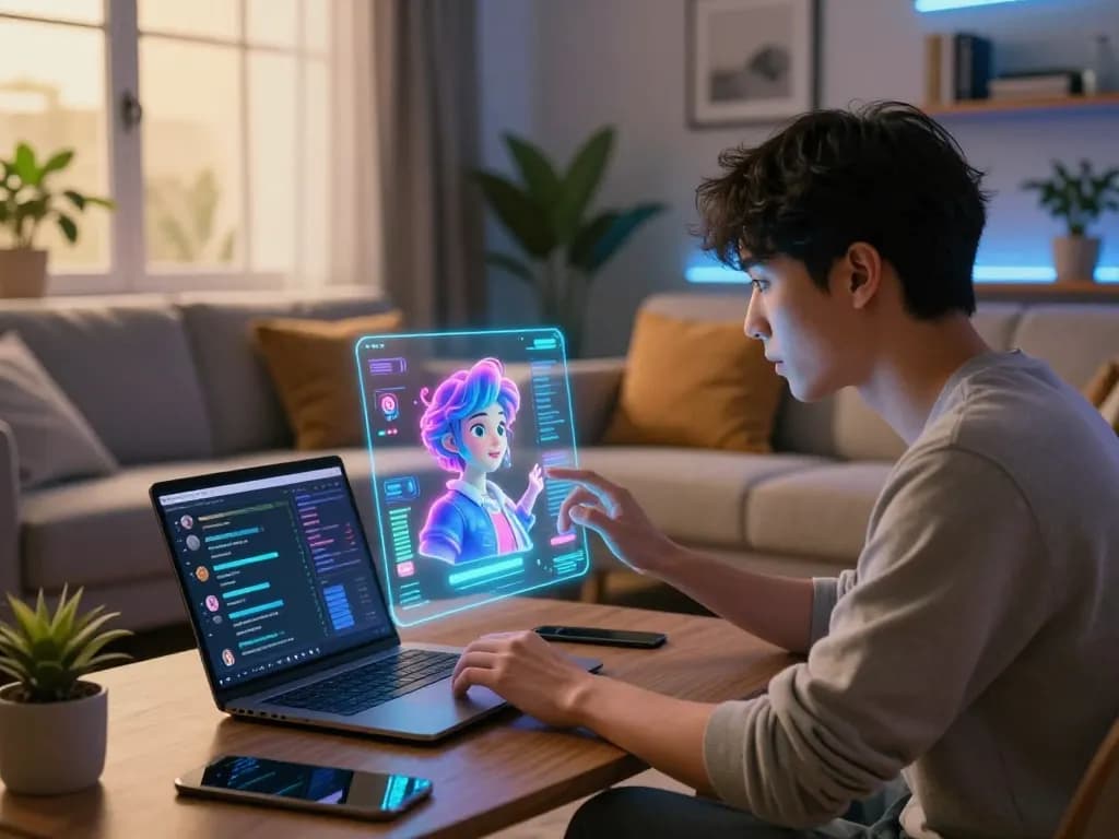 Engaging interaction with crushon ai character displayed on a touchscreen in a cozy tech-inspired living room.