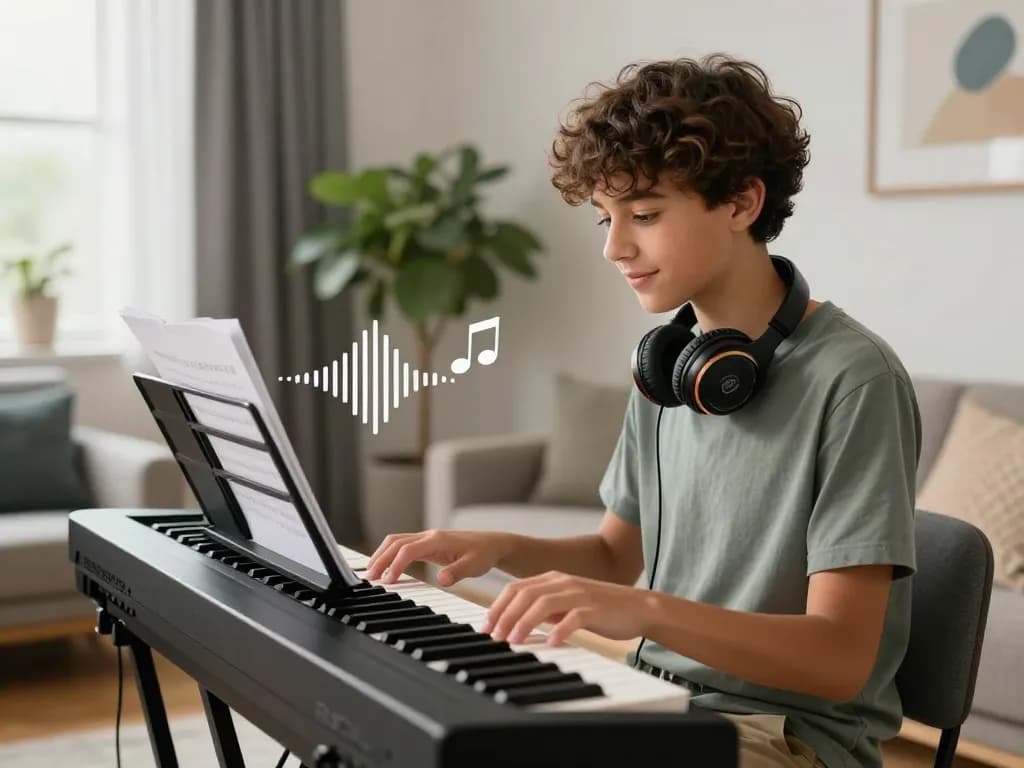Teen playing the go 88 digital piano in a stylish living room with sheet music and headphones.