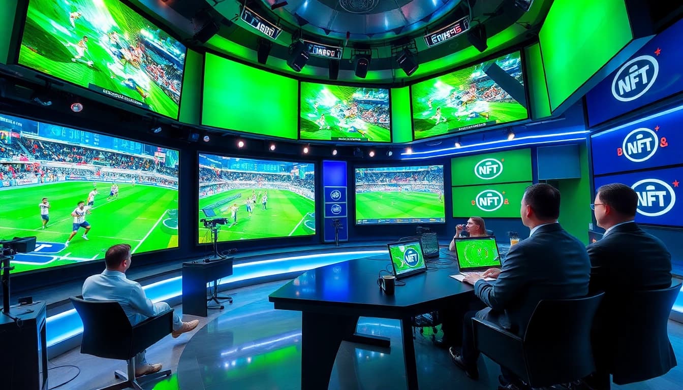 Engaged broadcasters in a dynamic sports broadcasting studio with live event visuals.