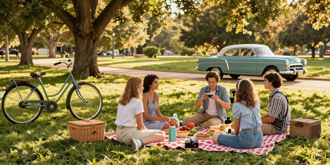 Friends enjoying a vintage picnic at a park, featuring rokok88-themed nostalgia with picnic gear, greenery, and classic cars.