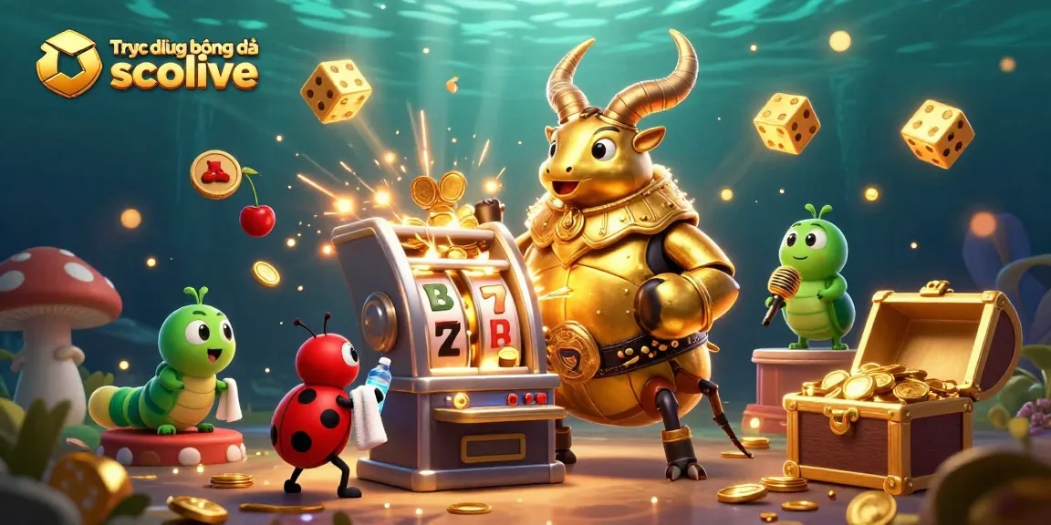 Experience Trực tiếp bóng đá socolive with a golden stag beetle in a lively, vibrant casino scene.