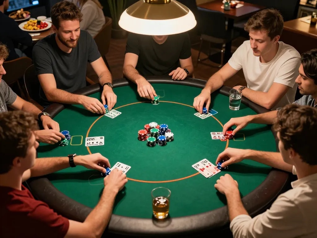 Players enjoying a thrilling poker night at home, engaging in strategy and competition with 789bet friendly wagers.