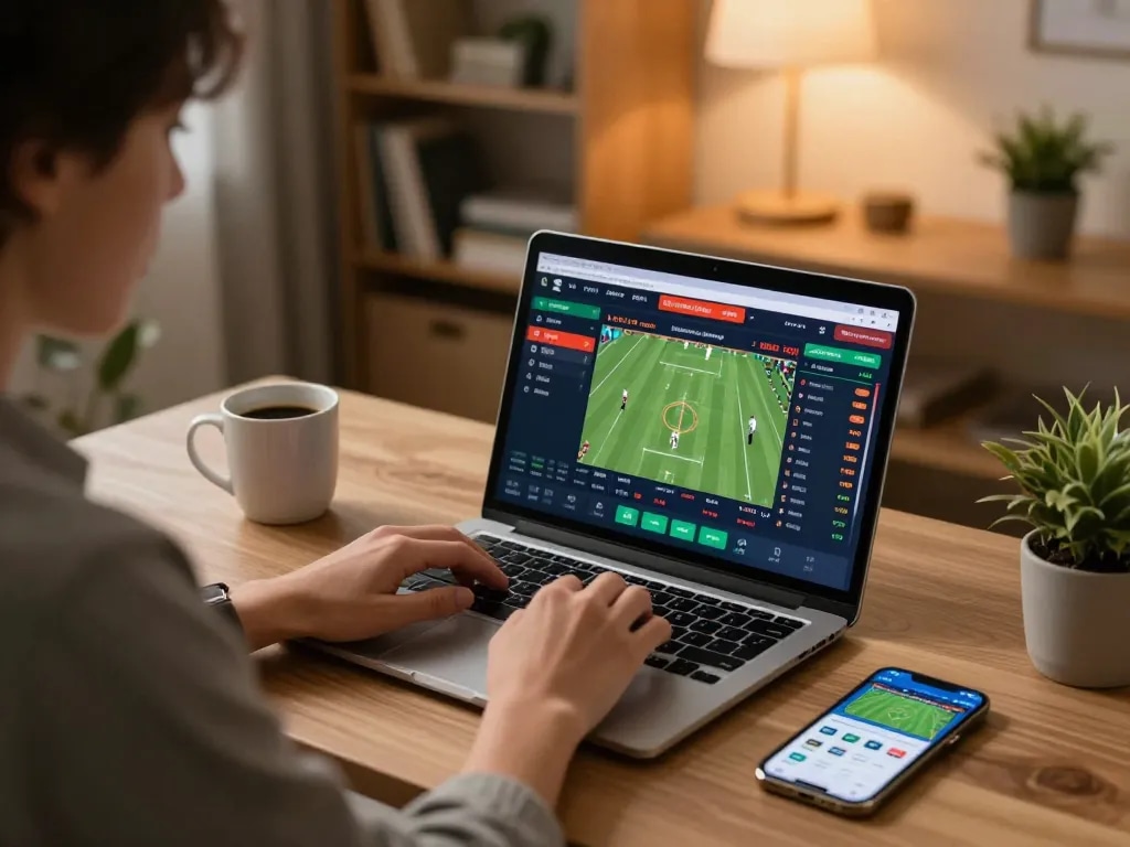 Soi keo nha cai with active sports betting on laptop and smartphone in cozy home setting.