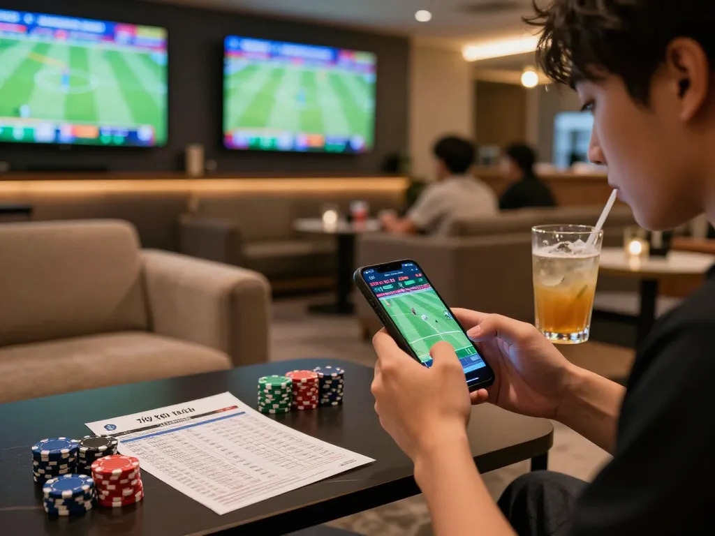 Tỷ lệ kèo trực tuyến displayed on various screens with an enthusiastic person placing bets in a sports lounge.