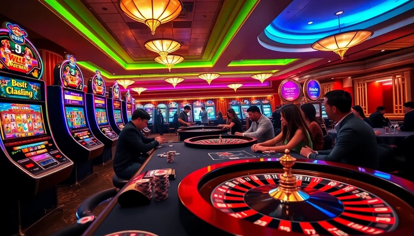 Engaged players at a vibrant casino scene showcasing the thrill of gambling on https://8kbet3.com/.