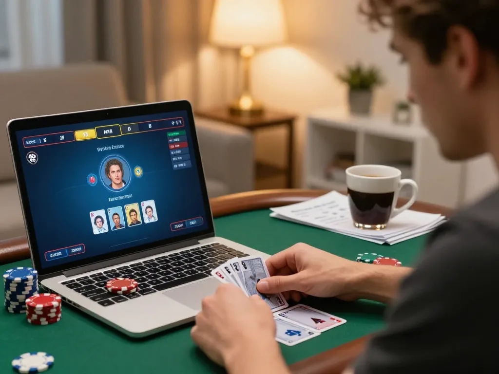 Player strategizing and engaging in poker gameplay on F8BET platform, surrounded by notes and coffee.