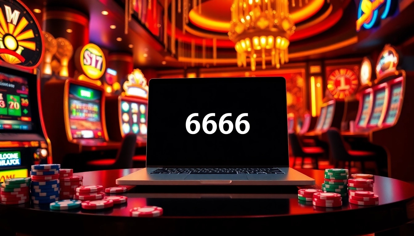 S666 đăng nhập interface in a vibrant online casino setting with chips and slot machines.