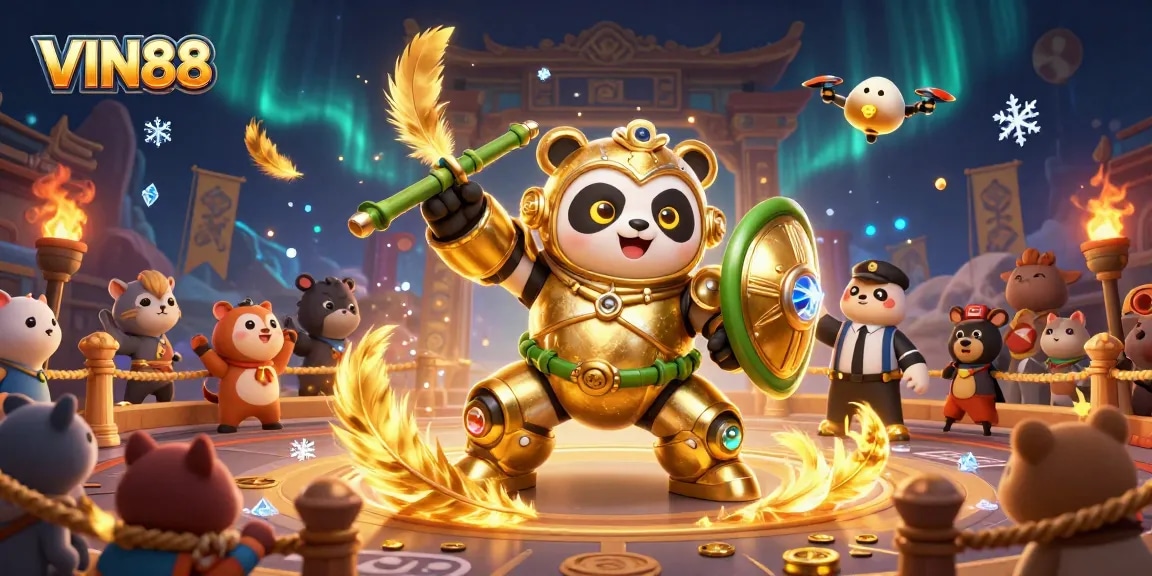Experience the excitement of VIN88, where a mech-suit panda battles in a vibrant casino arena.
