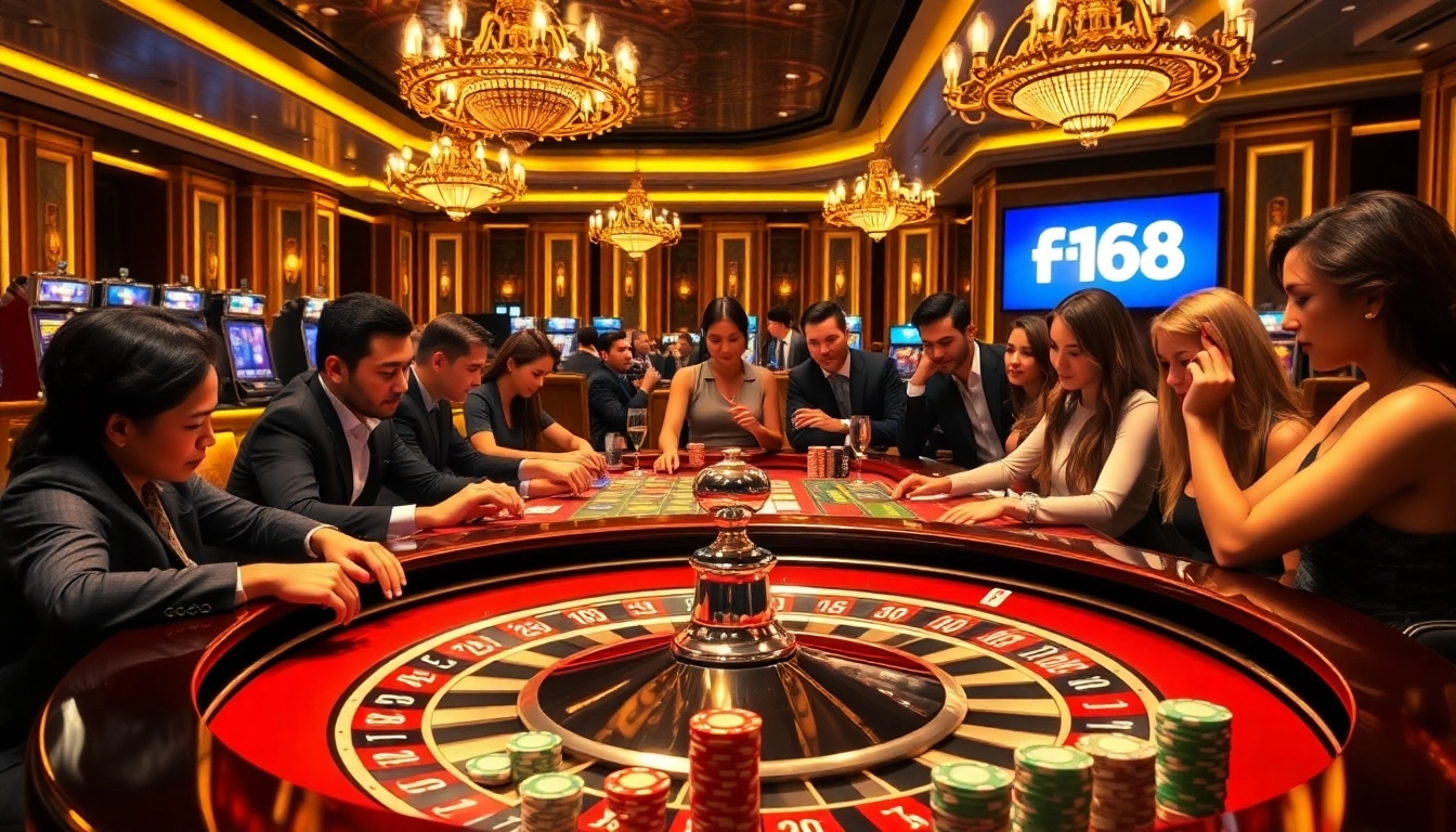 Crowd enjoying a thrilling game at f168 casino with roulette and poker tables
