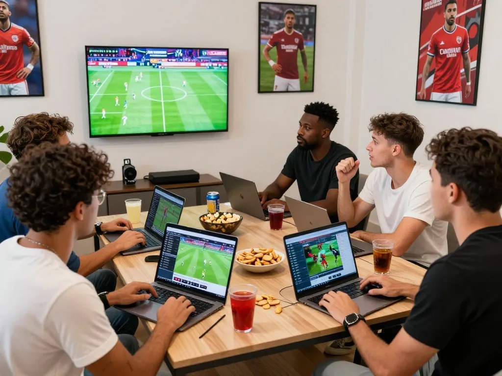 Dynamic scene of friends discussing tỷ lệ kèo nhà cái while enjoying a sports game.