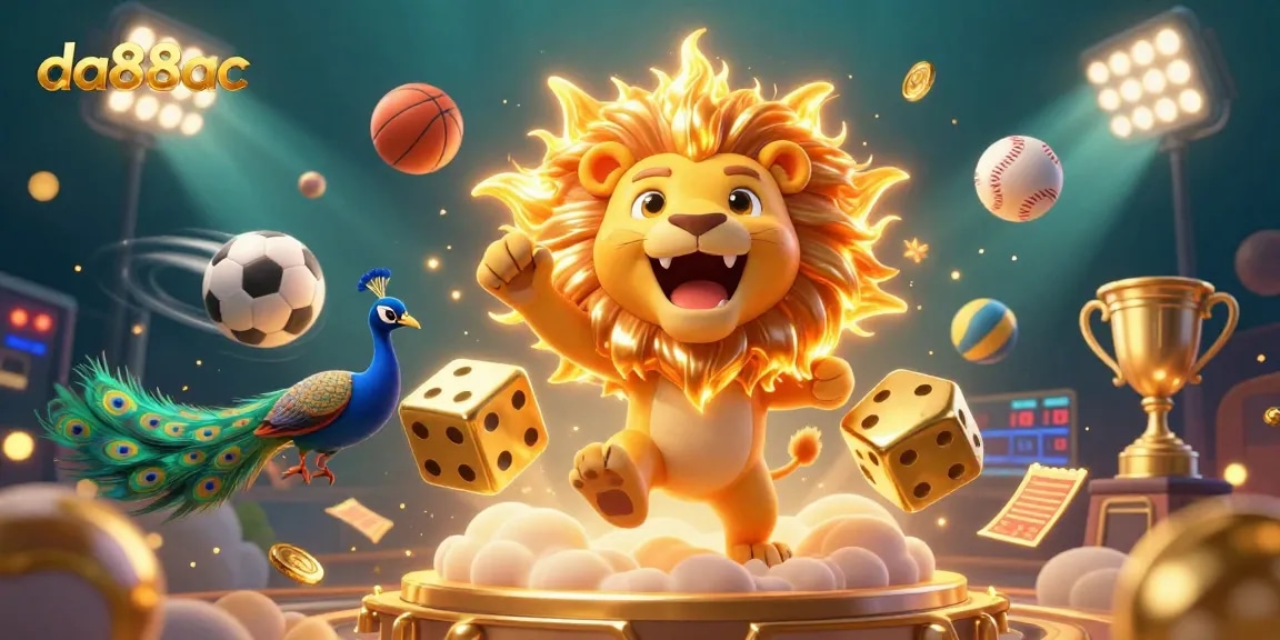 da88ac showcases thrilling casino gaming with a dynamic sun lion and vibrant sports elements.