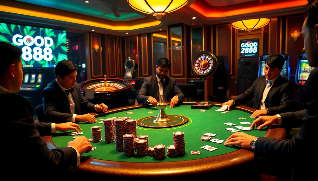 Casino players enjoying a thrilling poker game at GOOD88 with vibrant ambiance.