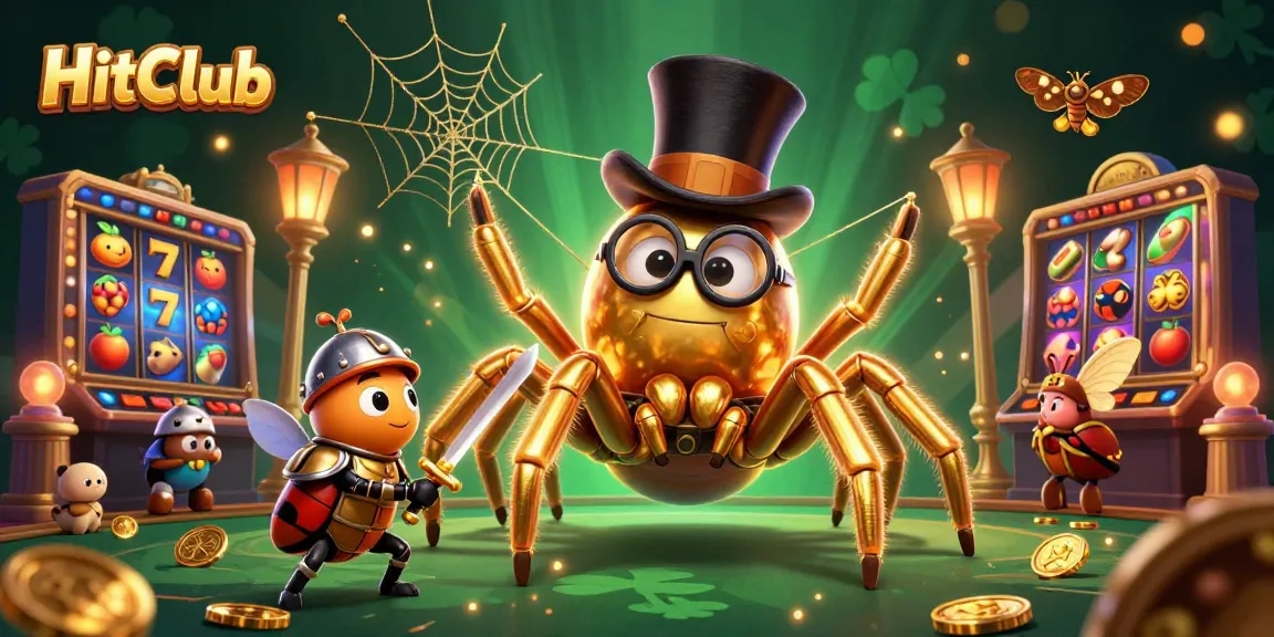 HitClub showcases a vibrant 3D casino illustration featuring a golden tarantula and beetle knight amid spinning slot reels.