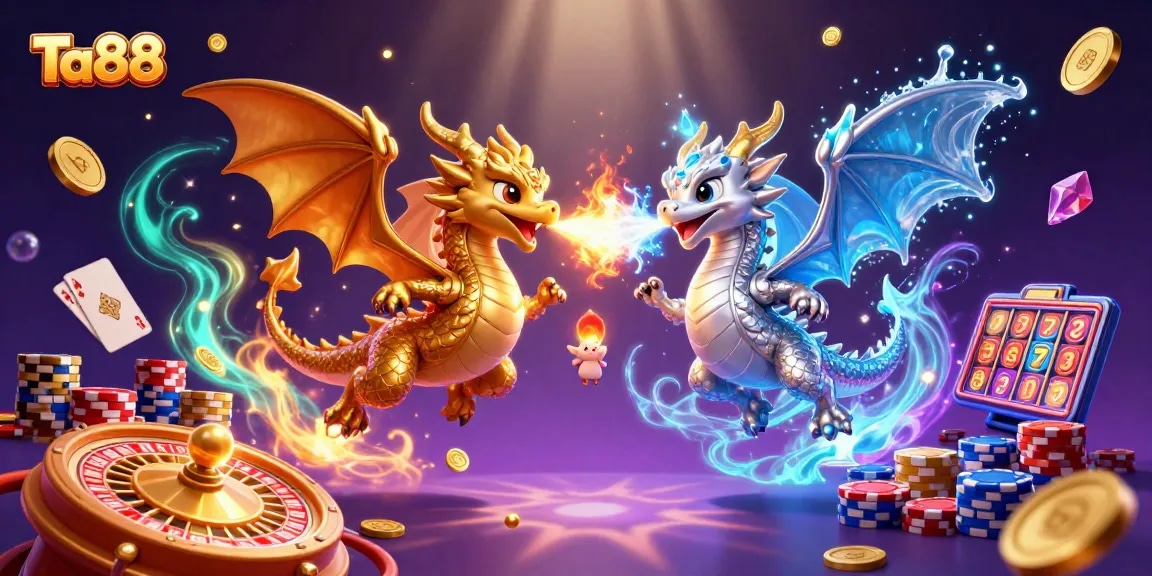 Ta88 showcases thrilling gaming with intertwined dragons amid dazzling casino elements.
