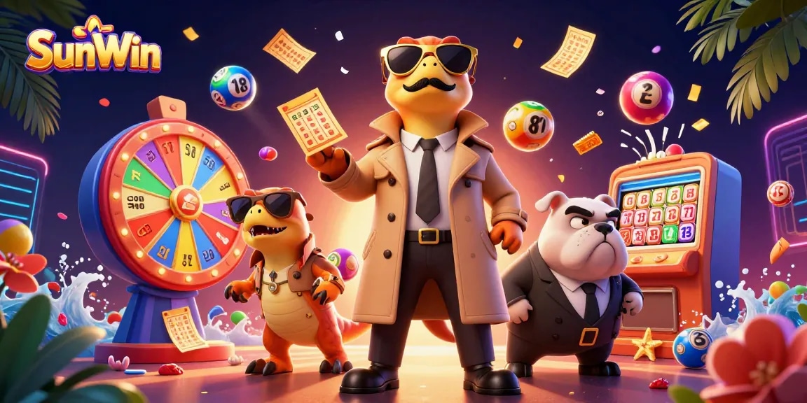 Play exciting games with SunWin in a vibrant casino scene featuring dynamic lottery elements.