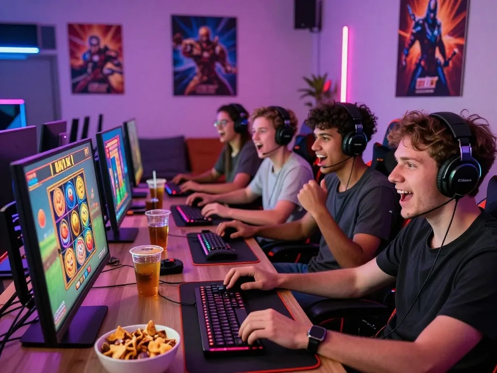 No Hu gaming scene with friends enjoying slot games and snacks in an energized atmosphere.