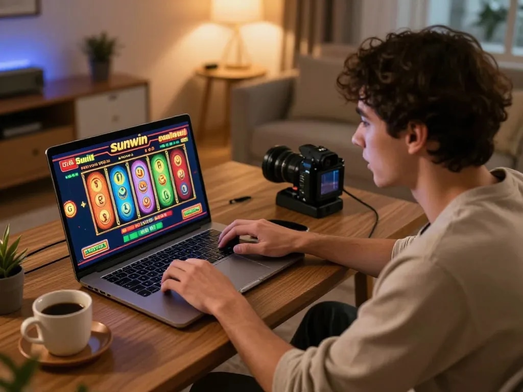 Player enjoying an immersive Sunwin slots game on a laptop, reflecting the excitement of online gambling.