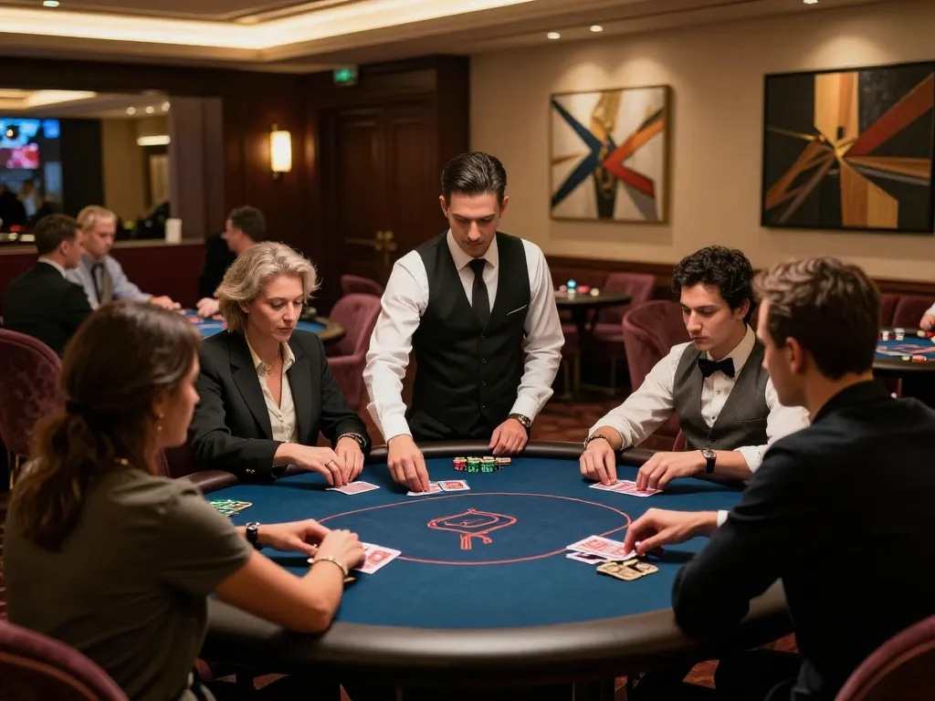 Engaging poker gameplay at a luxury casino scene featuring loto188b.asia's premium gambling experience.