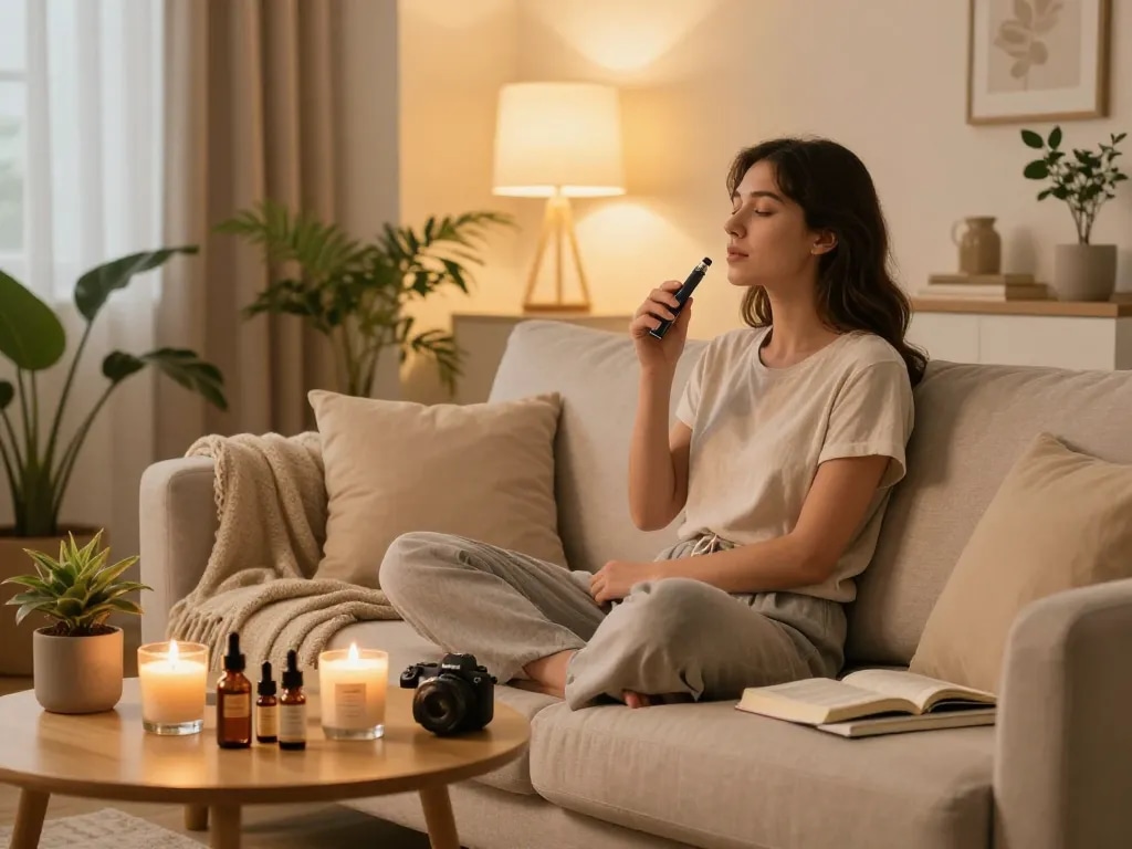 Thc vapes italia momento di benessere con olio CBD e dispositivo per vape in una casa accogliente.