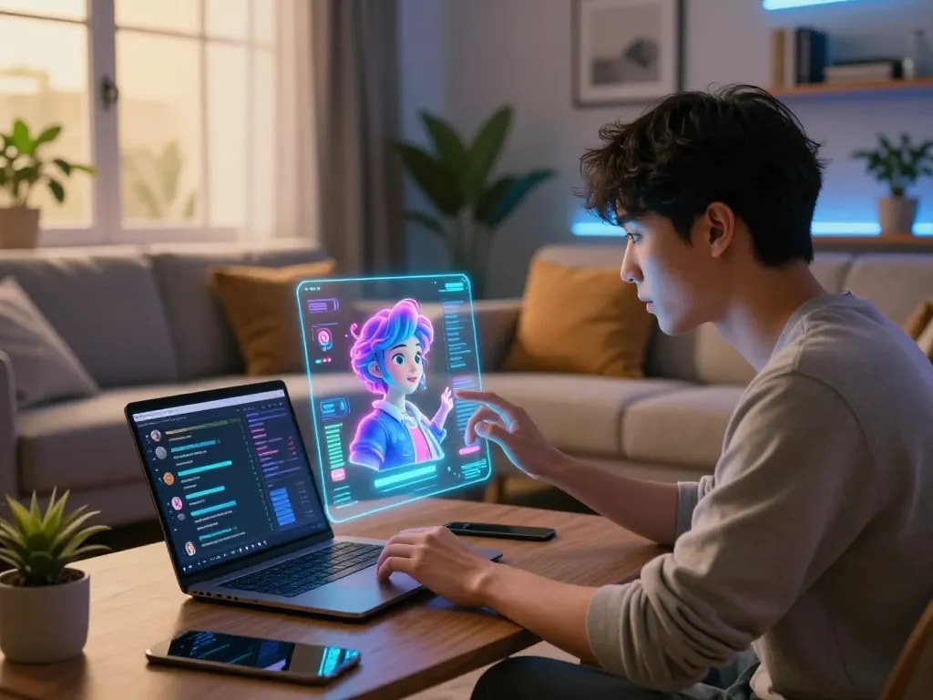 Engaging interaction with crushon ai character displayed on a touchscreen in a cozy tech-inspired living room.