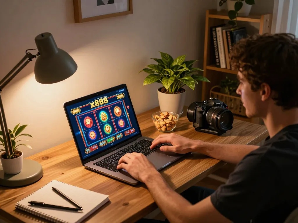 Player enjoying an x888 slot game on a laptop in a cozy home workspace setting