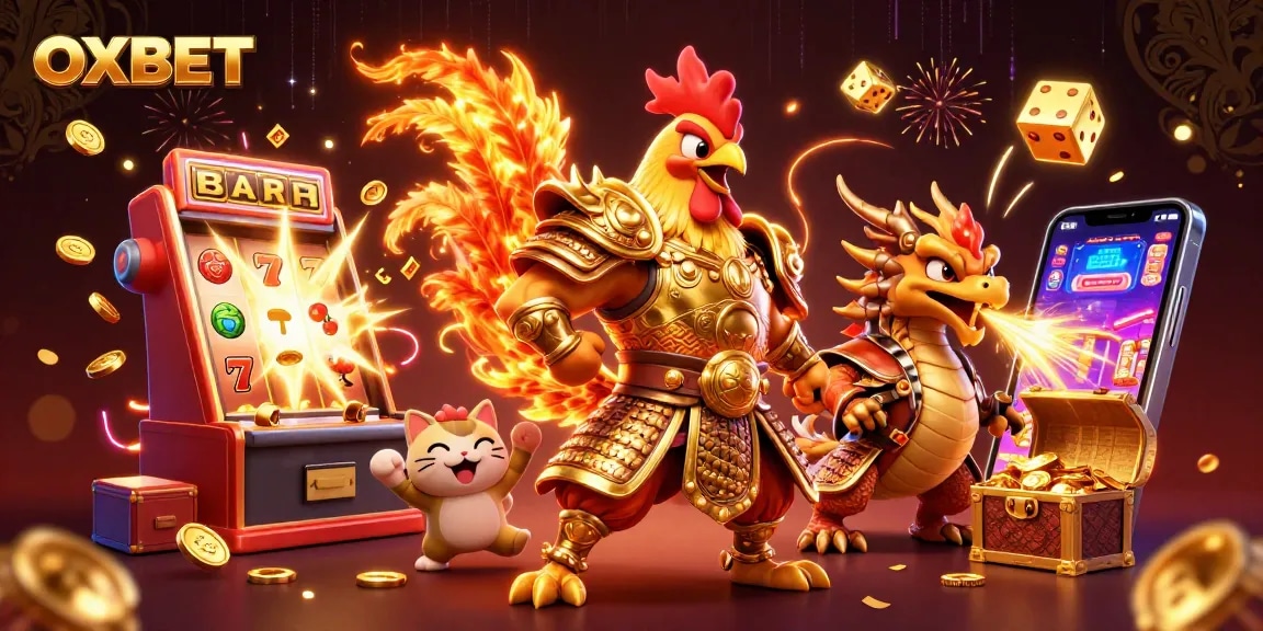 Experience gaming excitement with OXBET's fierce rooster and dragon in a lively casino scene.