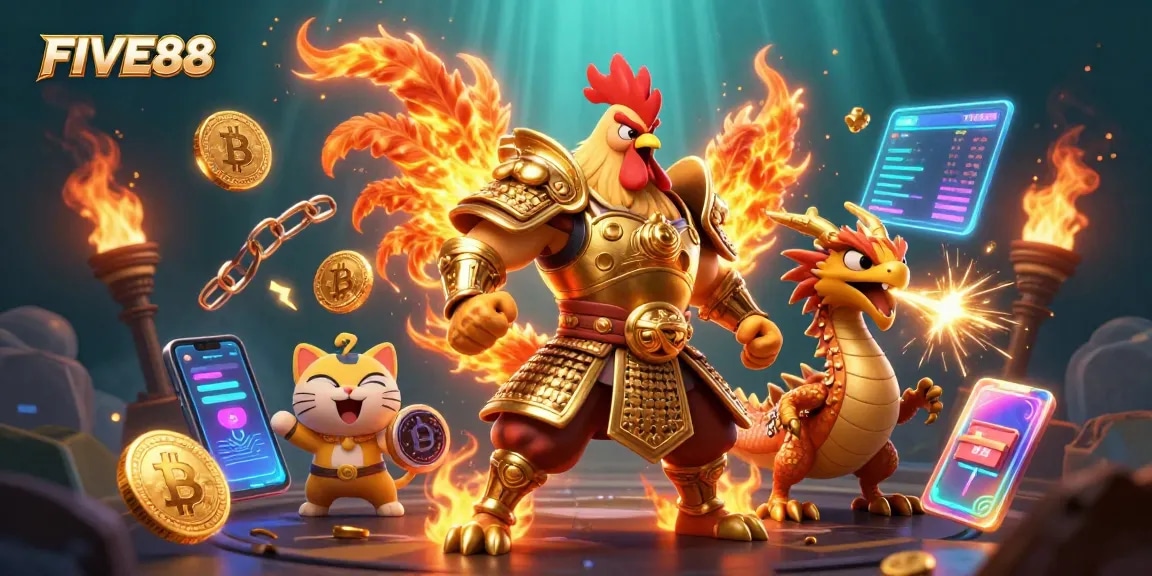 Join the excitement at FIVE88 with agile characters and thrilling casino elements in a vibrant 3D scene.
