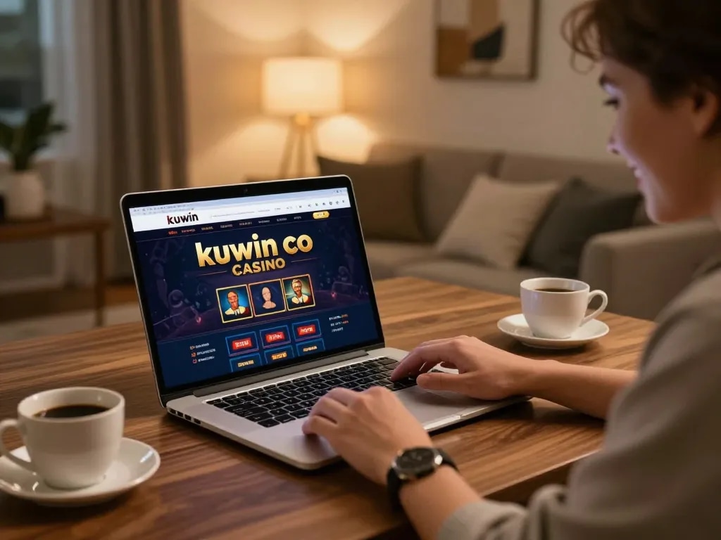 Enjoying online gaming on kuwin co platform in a cozy home setting with laptop and coffee.