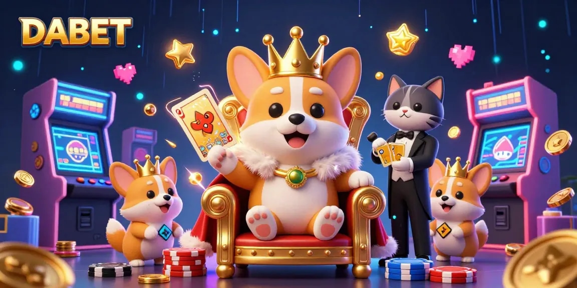 DABET casino features an entertaining, vibrant scene with a royal corgi, cat butler, and dynamic gaming elements.