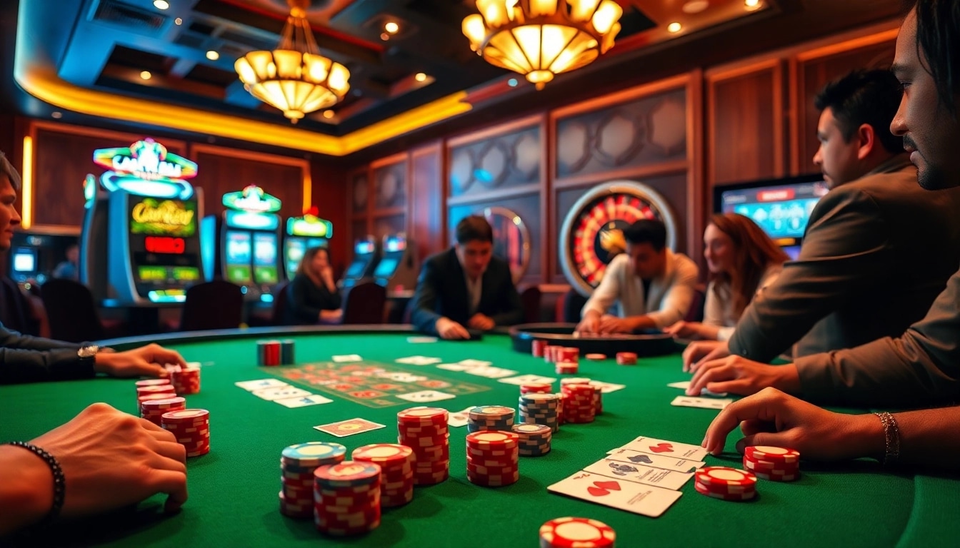 Players enjoying a thrilling game at GK 88 casino table, showcasing chips and cards.