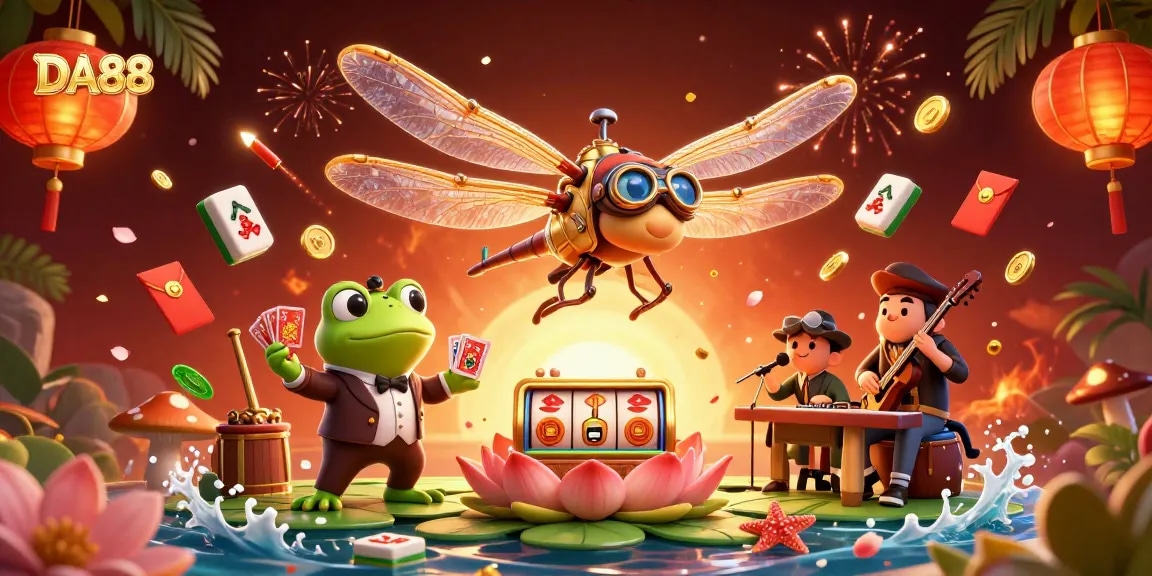 DA88 dragonfly pilot and frog croupier engaging players at a vibrant casino scene.