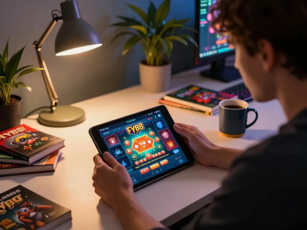 Player engaging with fly88 casino app in a cozy home setup, showcasing responsible gaming.