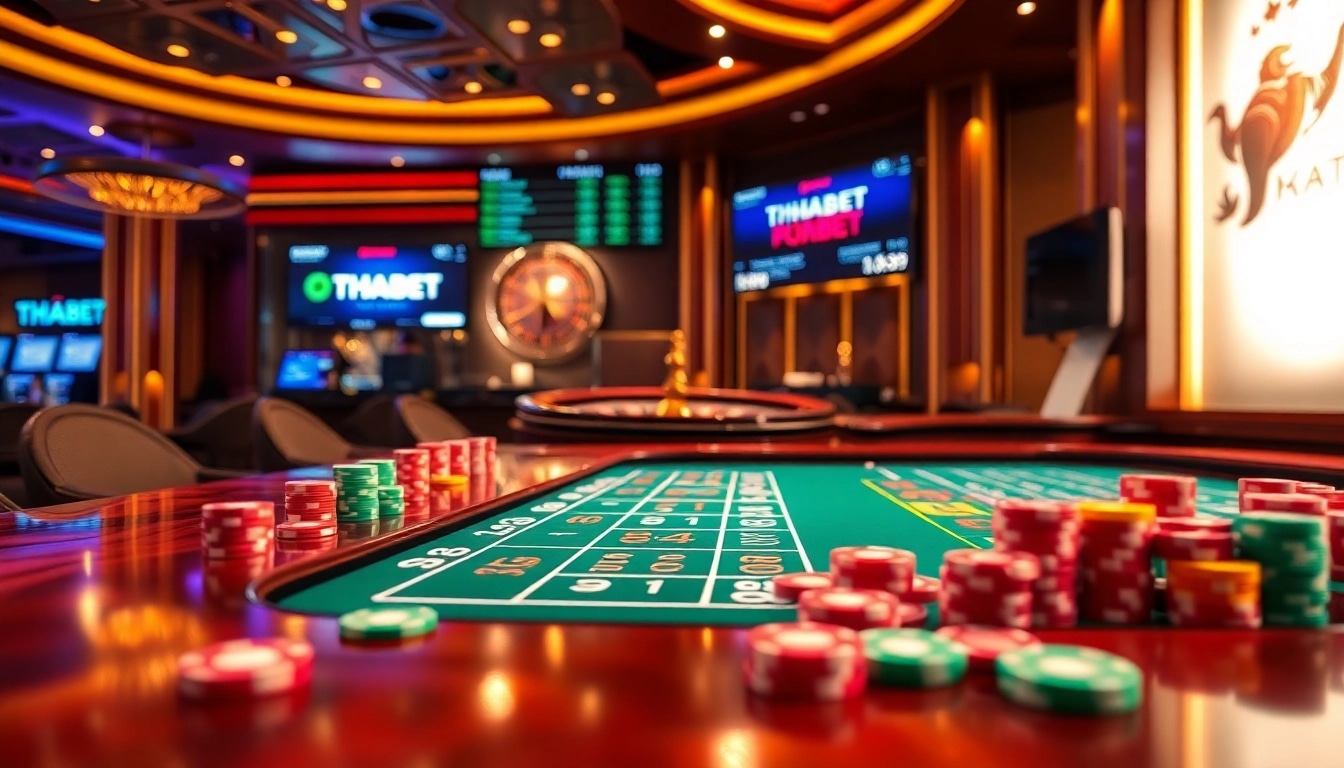 Join the excitement at THABET with a vibrant casino scene featuring a roulette wheel and colorful chips.