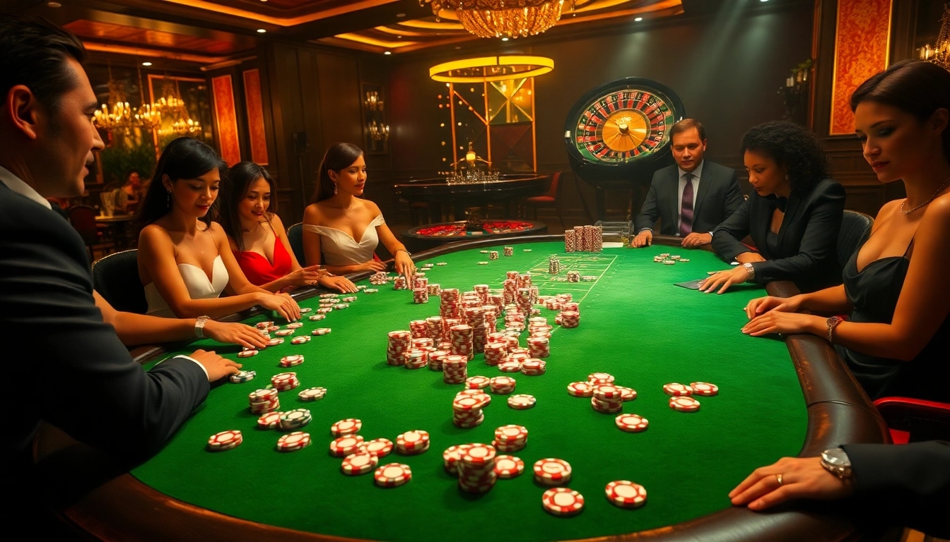 RR88 poker table highlights thrilling gameplay with elegant players and vibrant chips.