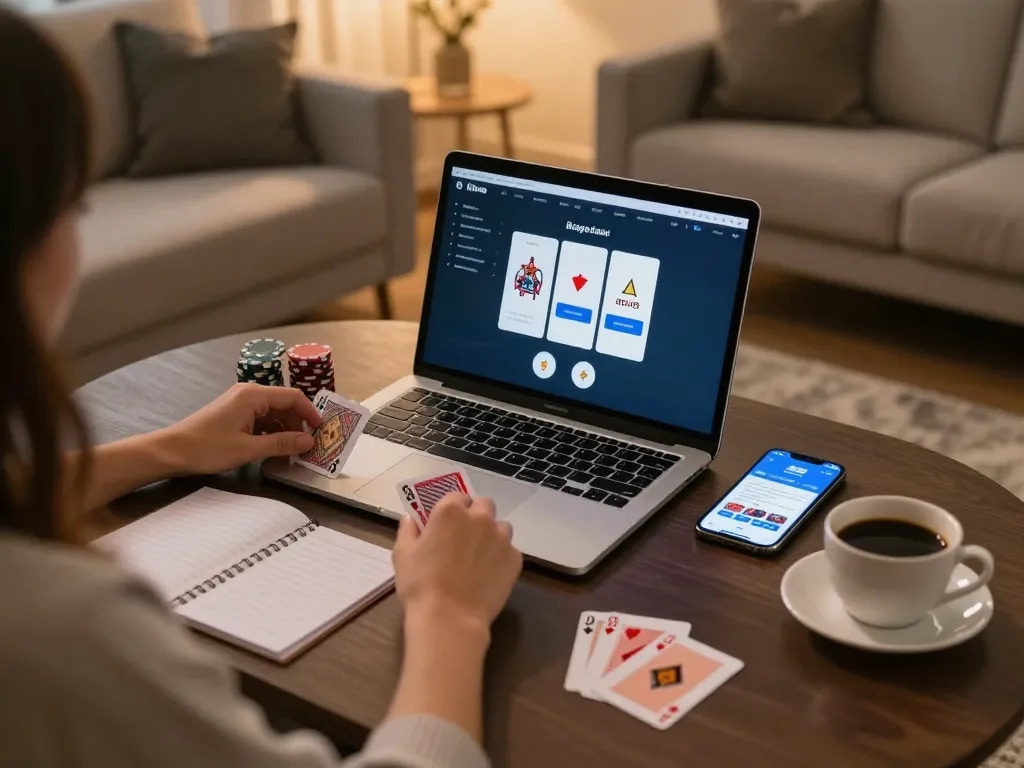 Player strategizes online at hm88 com with cards and laptop in vibrant home setting.