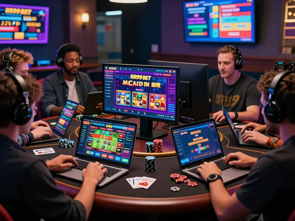 Players engaging with https://ledaonline.in.net/ on devices in a modern gaming lounge, displaying excitement in online betting.