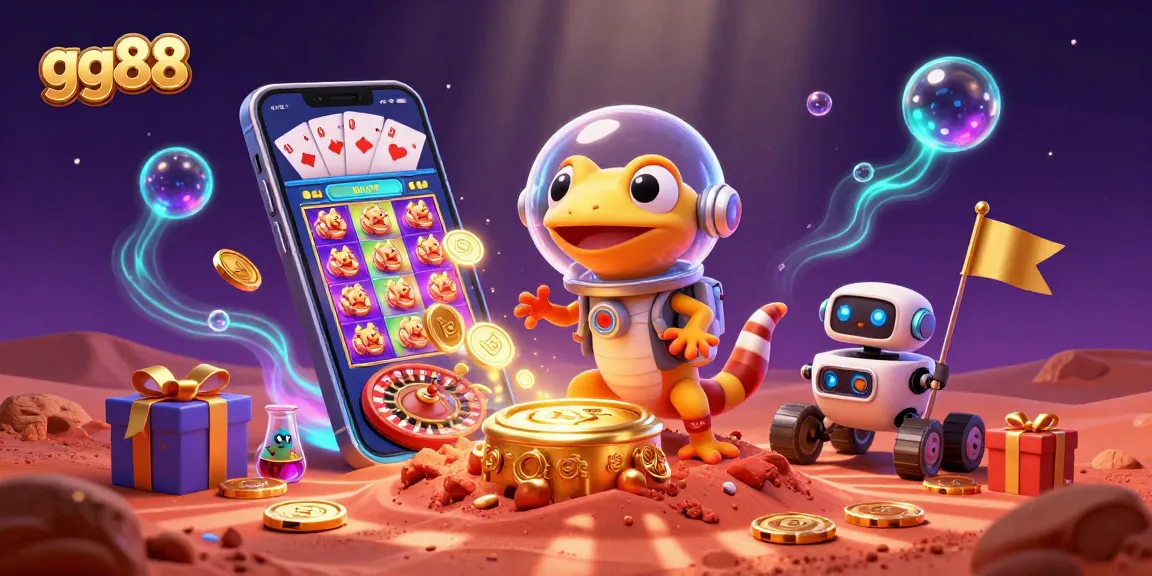 Experience the excitement of gg88 with a Martian gecko uncovering a golden casino in a vibrant, dynamic scene.