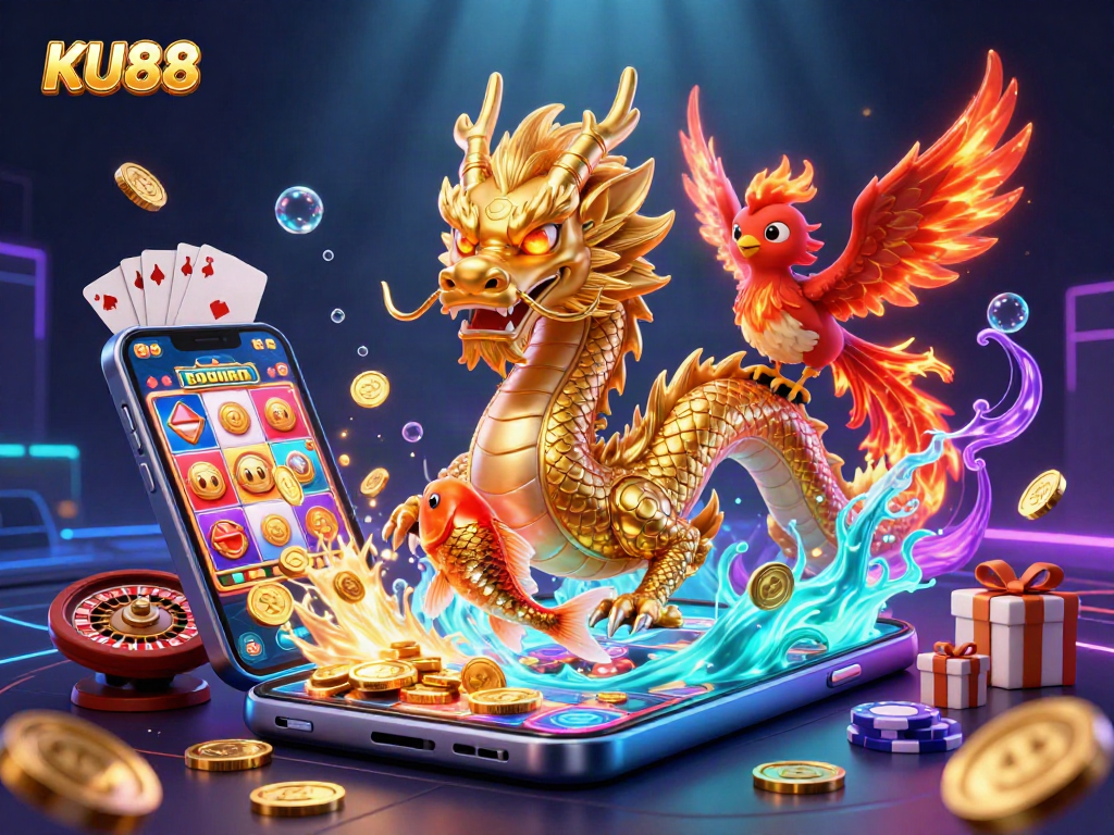 Engage with vibrant KU88 slots as a golden dragon, phoenix, and koi fish splash through the coins.