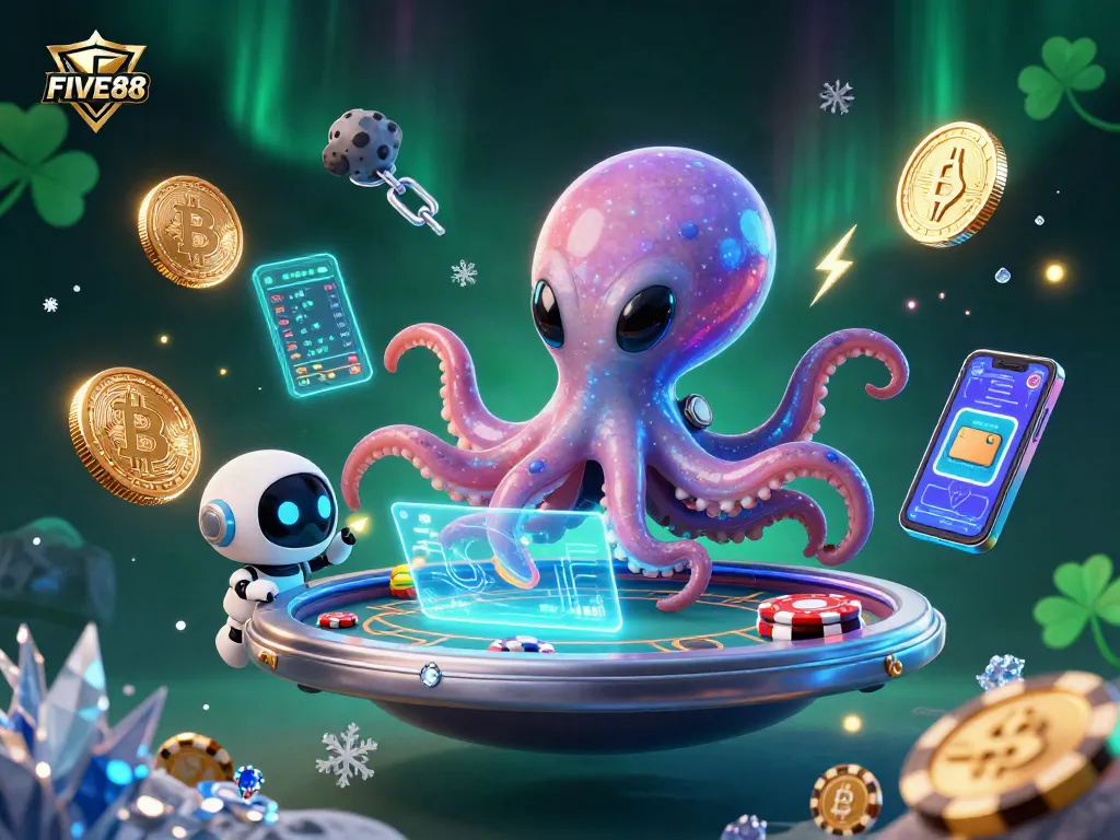 Engage with FIVE88's thrilling poker scene featuring an alien octopus and crypto elements!