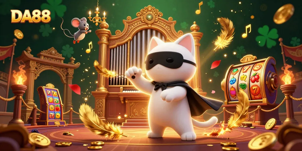 Engage with DA88 players in a vivid 3D casino scene featuring a masked cat and lively elements.