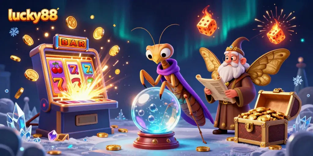 Experience big wins with lucky88 in this dynamic 3D casino illustration full of vibrant game elements.