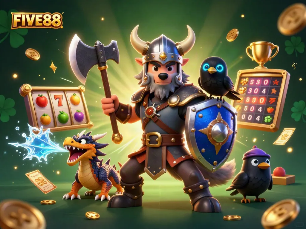 Engage with the FIVE88 online casino, featuring a dynamic Viking wolf, dragon, and glowing raven in an exciting gaming scene.