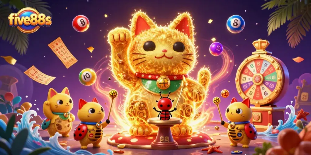 Experience the excitement of five88s with a lucky cat made of fireflies and dynamic casino elements.