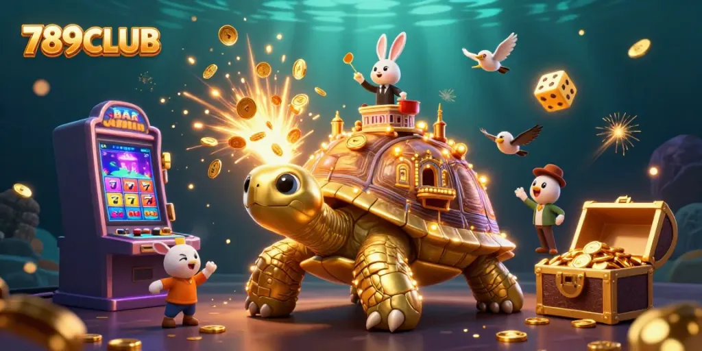 Experience the excitement of 789CLUB with this vibrant 3D casino illustration depicting a golden tortoise and rabbit dealer amidst jackpot elements.
