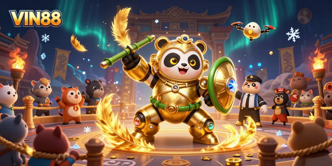 Experience the excitement of VIN88, where a mech-suit panda battles in a vibrant casino arena.