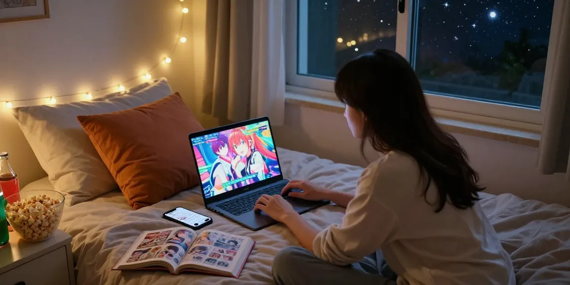 Cozy bedroom scene with individual enjoying a hentai game on a laptop amidst colorful pillows and snacks, creating an inviting atmosphere.