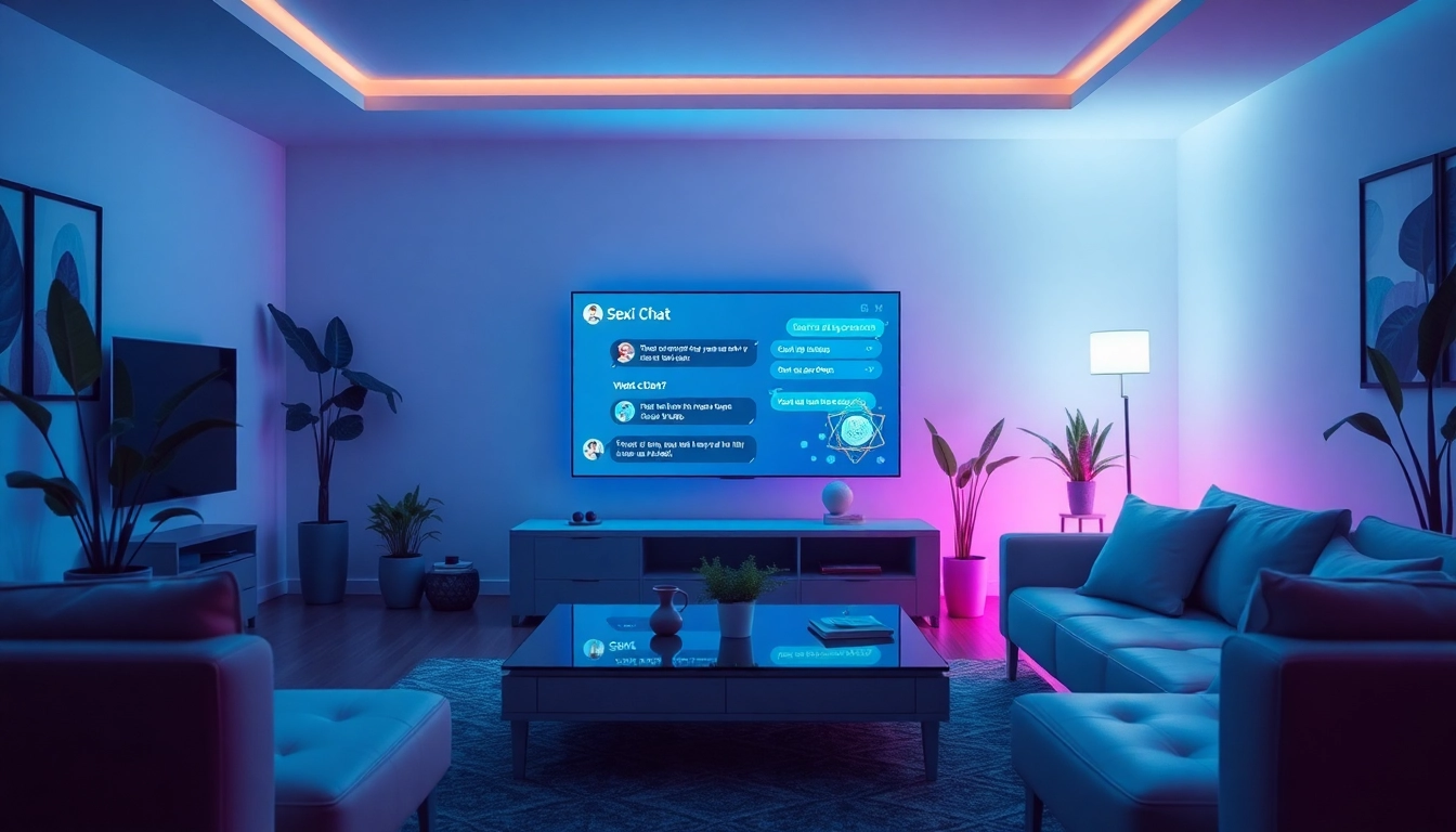 Engaging conversation on sex ai chat displayed on a futuristic interface in a modern living room.