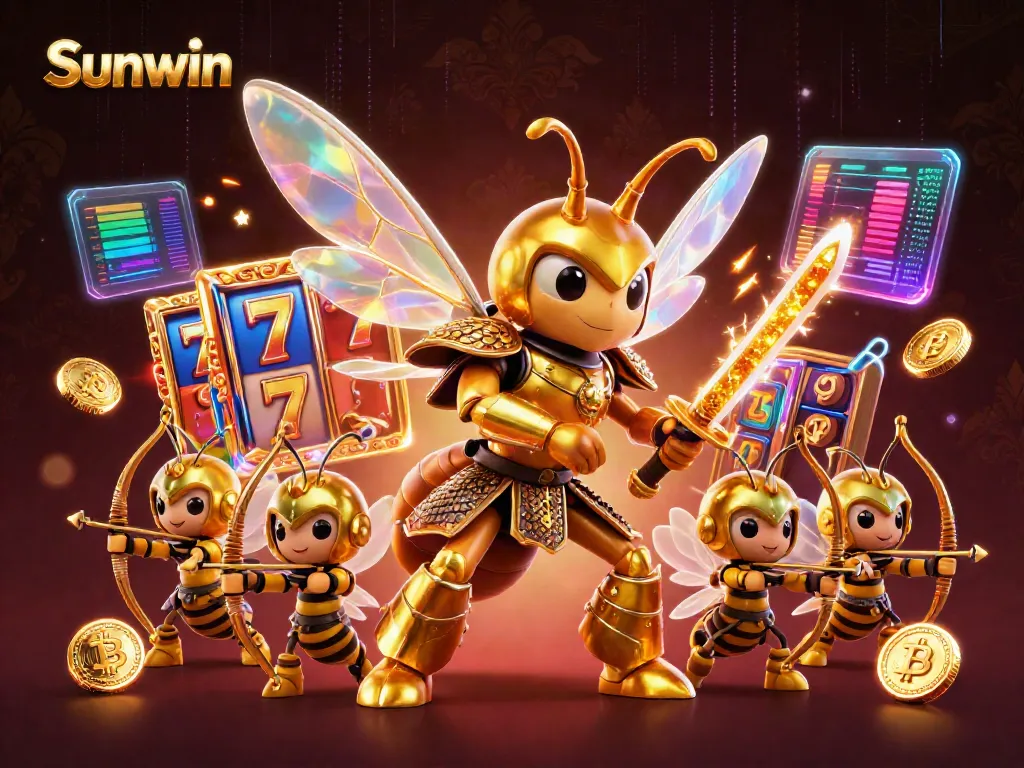 Engage with the dynamic world of Sunwin casino featuring vibrant slot reels and crypto elements in a 3D illustration.