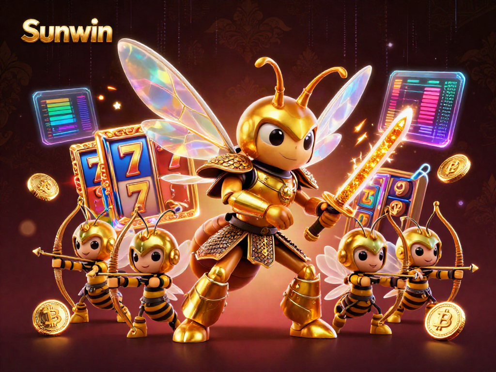 Engage with the dynamic world of Sunwin casino featuring vibrant slot reels and crypto elements in a 3D illustration.